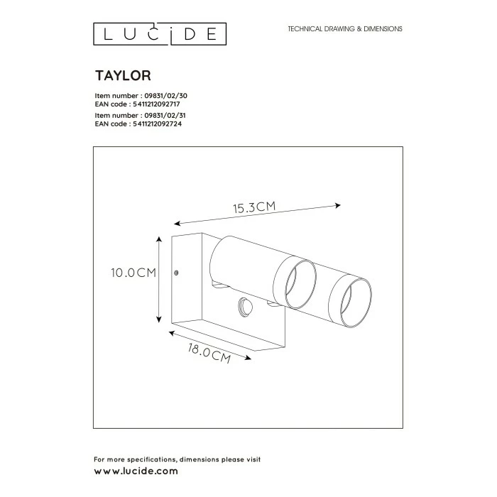 Lucide TAYLOR Außenwandleuchte Weiß, 2-flammig, Bewegungsmelder 5 Lucide TAYLOR Außenwandleuchte Weiß, 2-flammig, Bewegungsmelder – Bild 5